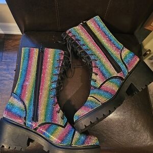 Club Wear Vigo Fiore Rainbow Rhinestone Combat Boots US Size 8.5